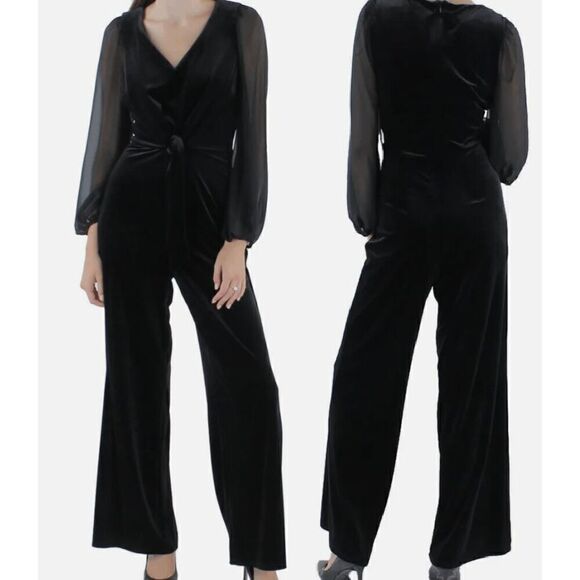 CeCe Women's Black Velvet Long-Sleeve Tie-Waist V-Neck Jumpsuit S - Picture 1 of 9
